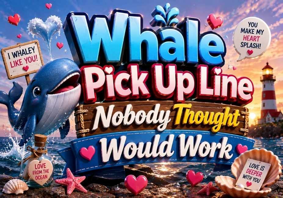 "Colorful 3D whale pick up line illustration featuring a smiling blue whale, lighthouse, ocean waves, seashells, starfish, hearts, and bold typography for 'Whale Pick Up Line Nobody Thought Would Work' on a vibrant seaside background."