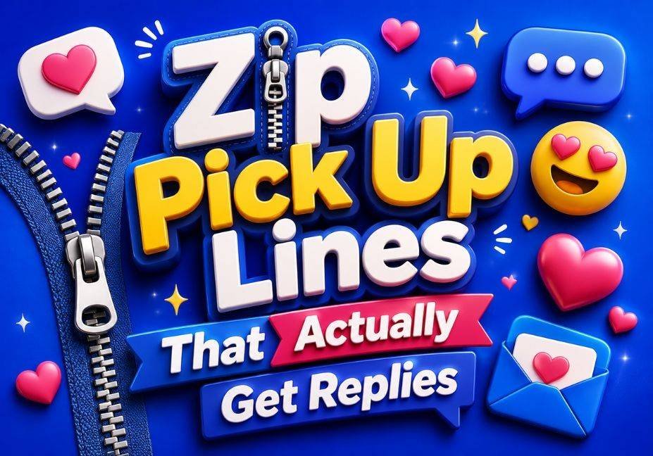 Zip pick up lines 3D illustration with zipper icons, hearts, chat bubbles, love emoji, and colorful romantic elements on a blue background.