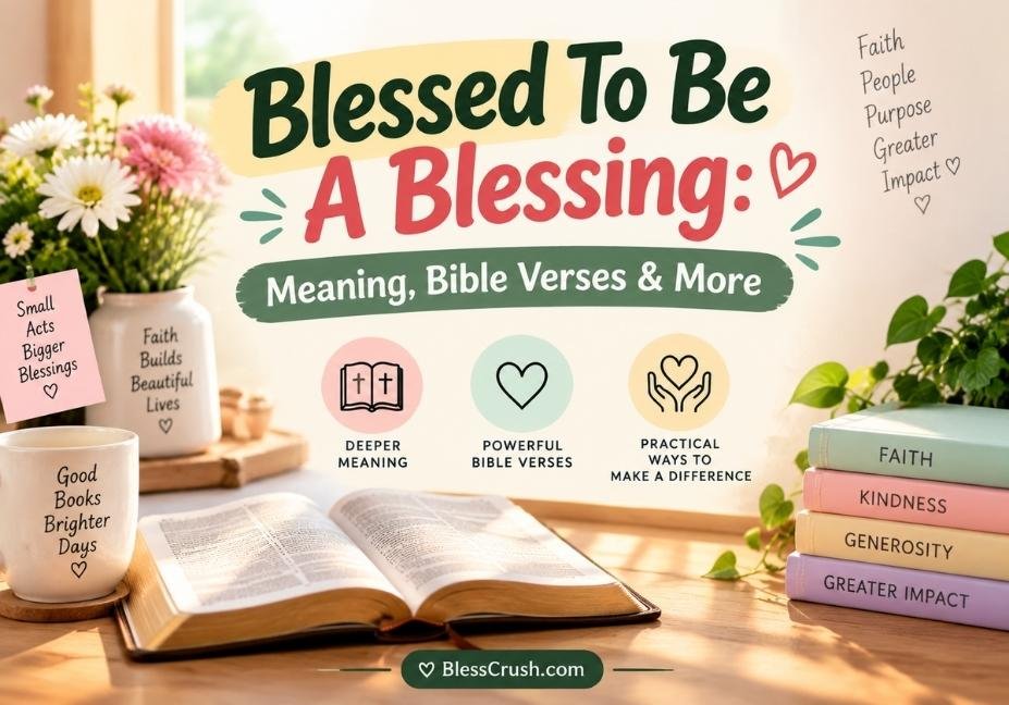 Blessed To Be A Blessing — Christian devotional featured image with open Bible, flowers, books, and faith message about meaning, Bible verses, and living generously