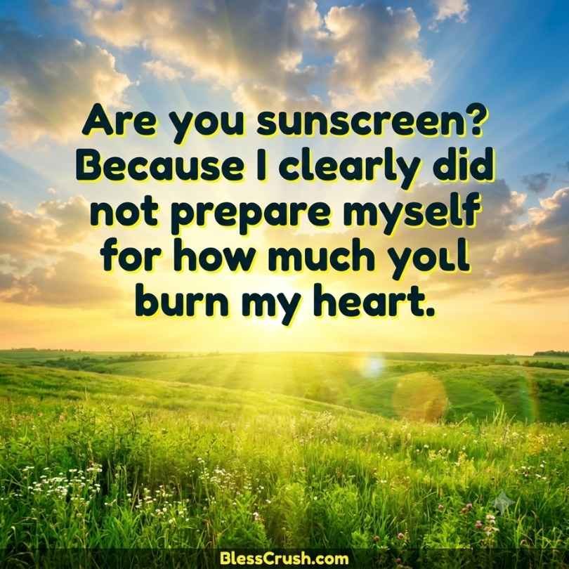 Sun pickup lines image with sunscreen quote over a green sunrise field