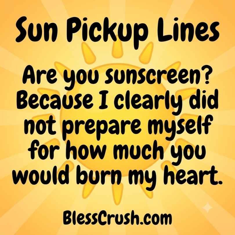 Sun pickup lines graphic featuring a sunscreen and burning heart line