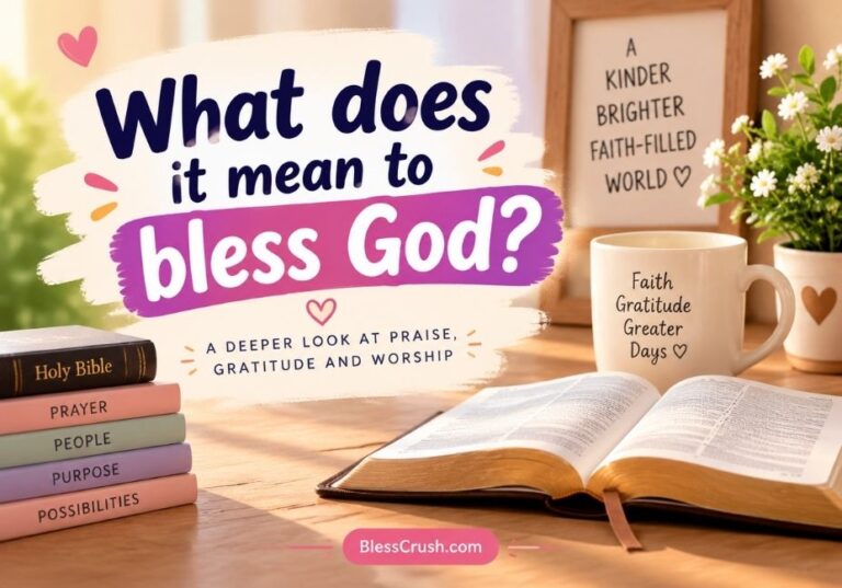 What does it mean to bless God — a cozy Christian devotional scene with an open Bible, books, warm sunlight, and a message about praise and gratitude