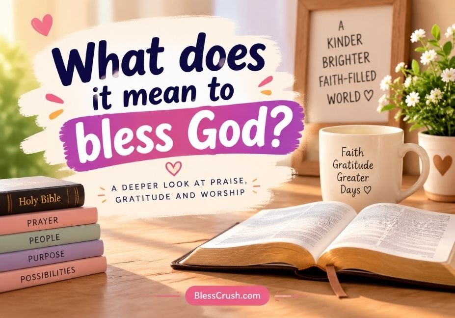 What does it mean to bless God — a cozy Christian devotional scene with an open Bible, books, warm sunlight, and a message about praise and gratitude