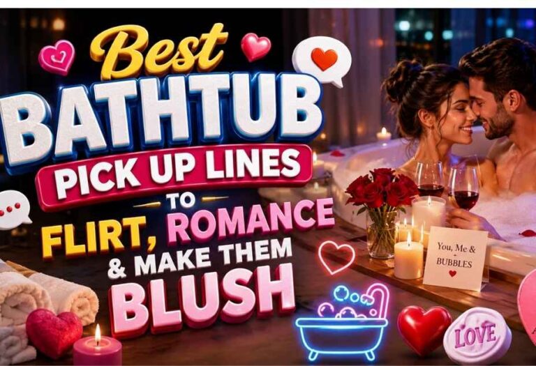 Bathtub Pickup Lines featuring a romantic couple enjoying a bubble-filled bathtub with candles, roses, hearts, and colorful 3D text about flirting, romance, and making them blush.