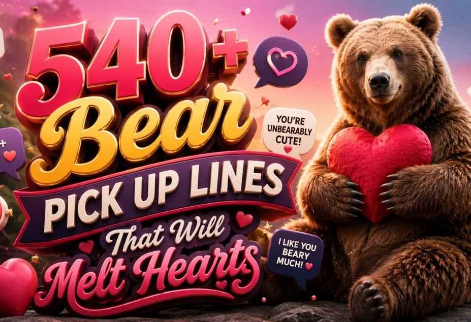 Bear Pickup Lines – 540+ funny, flirty, and cute bear pickup lines with a realistic brown bear holding a heart and colorful 3D romantic text.