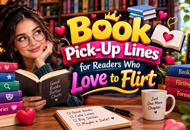 Book Pickup Lines featuring a romantic reader surrounded by colorful books, hearts, and flirty reading-themed decorations
