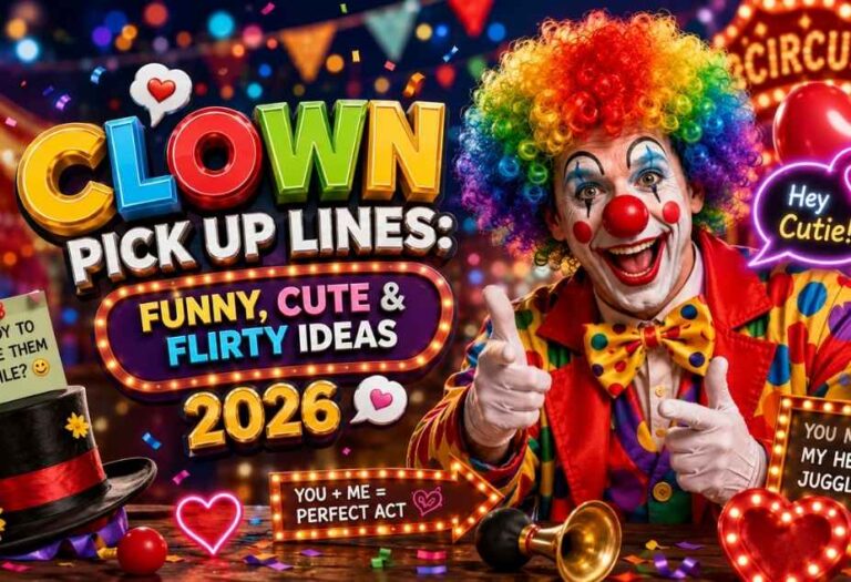 Clown Pickup Lines featuring a colorful clown at a vibrant carnival with funny, cute and flirty 3D text ideas for 2026.