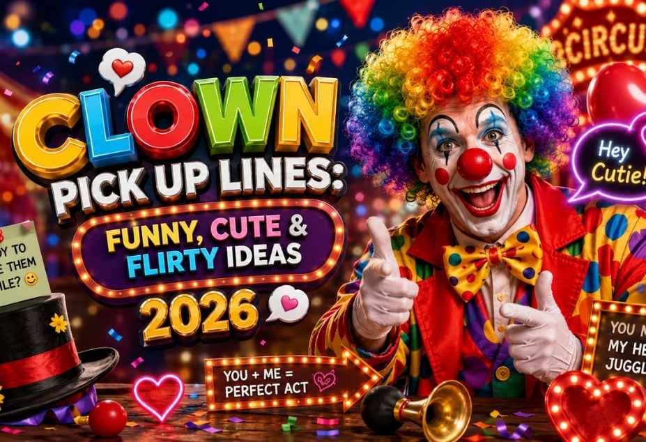 Clown Pickup Lines featuring a colorful clown at a vibrant carnival with funny, cute and flirty 3D text ideas for 2026.