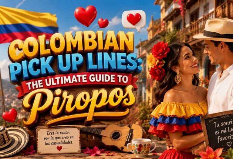 Colombian Pickup Lines featuring a romantic Colombian couple, colorful Colombian flag, sombrero vueltiao, guitar, flowers, hearts, and 3D text about funny and romantic piropos.