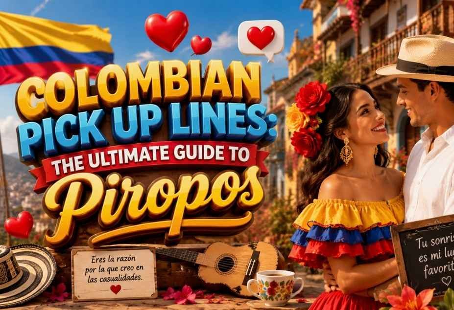 Colombian Pickup Lines featuring a romantic Colombian couple, colorful Colombian flag, sombrero vueltiao, guitar, flowers, hearts, and 3D text about funny and romantic piropos.