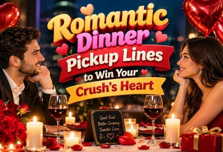 Dinner Pickup Lines featuring a romantic couple enjoying a candlelight dinner with red roses and heart-shaped balloons