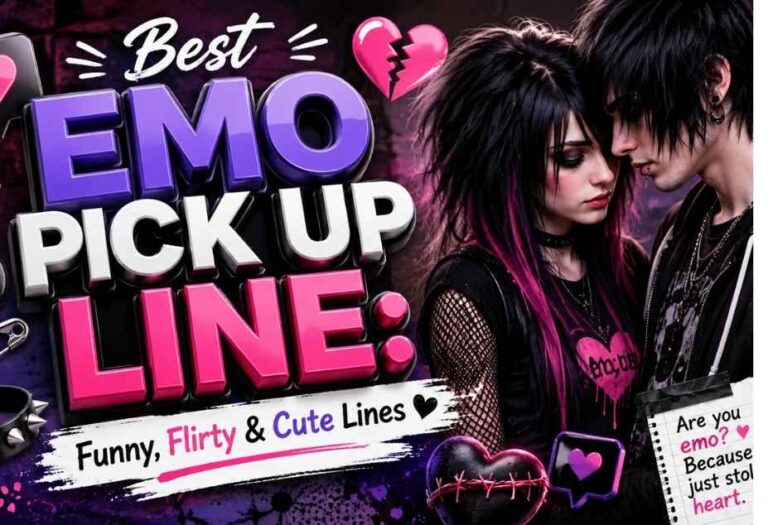 Emo Pickup Lines – funny, flirty and cute emo-themed pickup lines with a romantic emo couple, hearts, skull icons, and bold 3D typography.