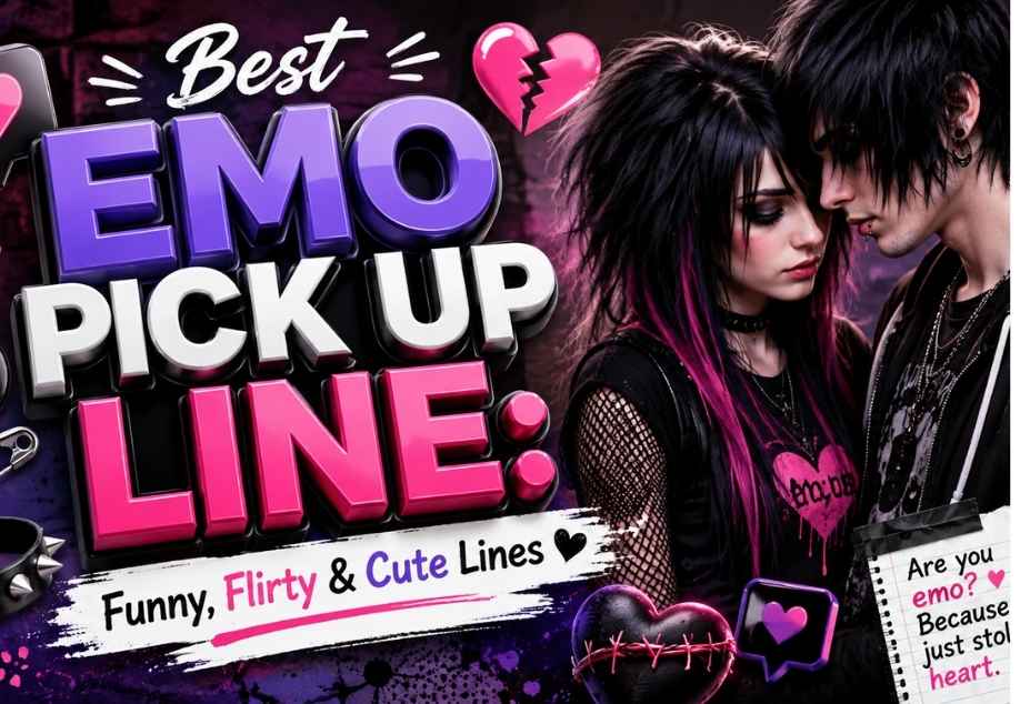 Emo Pickup Lines – funny, flirty and cute emo-themed pickup lines with a romantic emo couple, hearts, skull icons, and bold 3D typography.