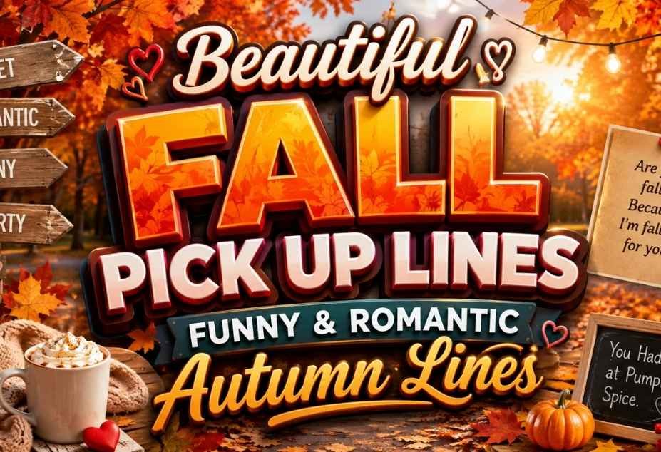 Fall Pickup Lines featuring funny and romantic autumn pickup lines with colorful fall leaves, pumpkins, cozy autumn elements, and warm seasonal scenery.