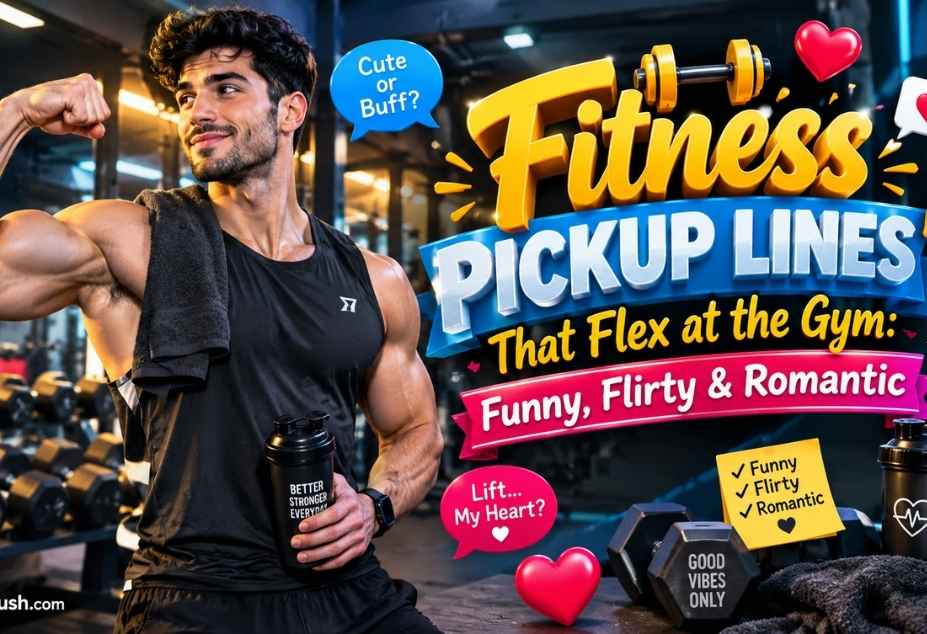 Fitness Pickup Lines that flex at the gym with a fit muscular man posing beside gym equipment, featuring funny, flirty and romantic 3D text