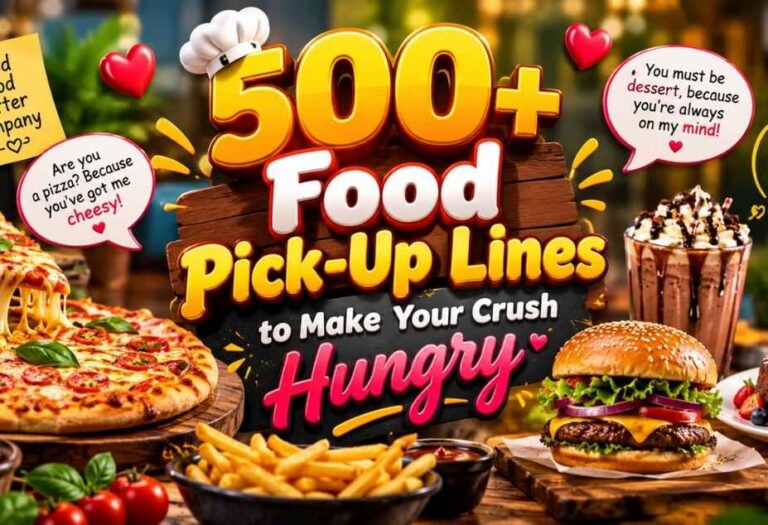 “Food Pickup Lines featuring 500+ funny and flirty food-themed pickup lines with pizza, burger, fries, dessert, and romantic hearts.”