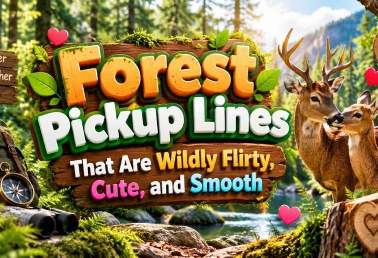 Forest Pickup Lines featuring a beautiful forest landscape, romantic deer, hearts, and colorful 3D text for wildly flirty, cute, and smooth pickup lines.