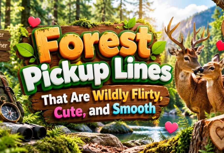 Forest Pickup Lines featuring a beautiful forest landscape, romantic deer, hearts, and colorful 3D text for wildly flirty, cute, and smooth pickup lines.