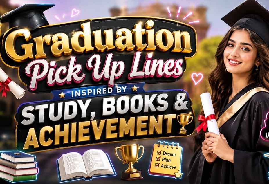 Graduation Pickup Lines featuring a smiling graduate girl in a cap and gown holding a diploma, surrounded by books, trophies, graduation symbols, and colorful academic icons.