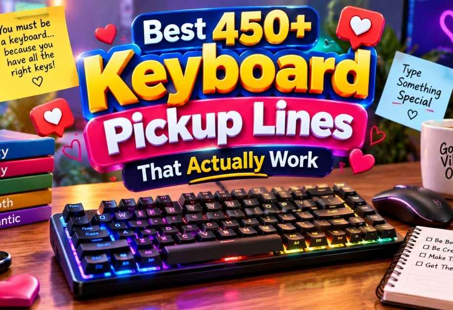 Best 450+ Keyboard Pickup Lines that actually work, featuring a colorful RGB mechanical keyboard, romantic heart icons, and flirty text-themed elements.