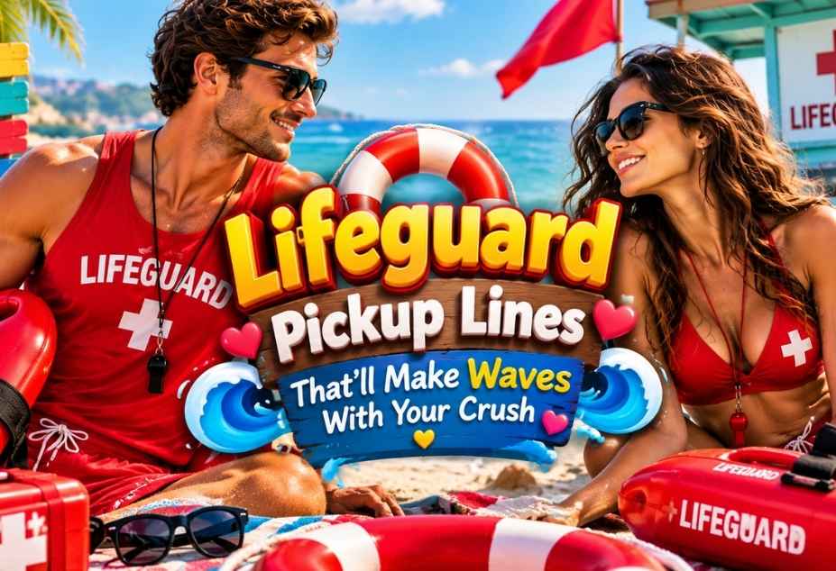 Lifeguard pickup lines title graphic featuring a man and woman in red lifeguard gear on a sunny beach.