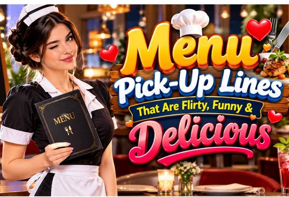 Menu Pickup Lines featuring a winking waitress holding a restaurant menu, with colorful 3D text and romantic food-themed icons in a cozy restaurant setting.