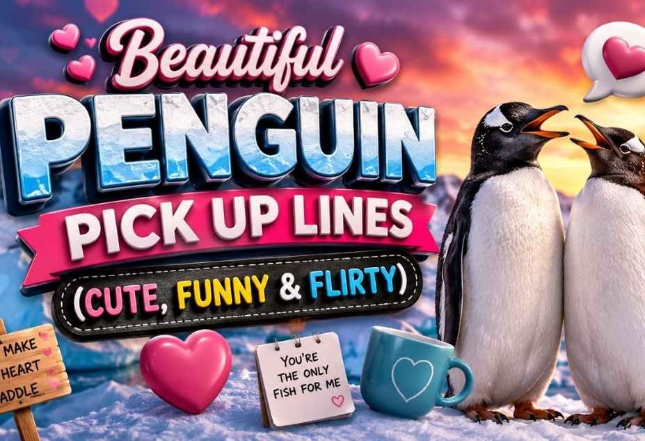 Beautiful Penguin Pickup Lines featuring two penguins on snowy ice with colorful 3D text for cute, funny, and flirty pickup lines.