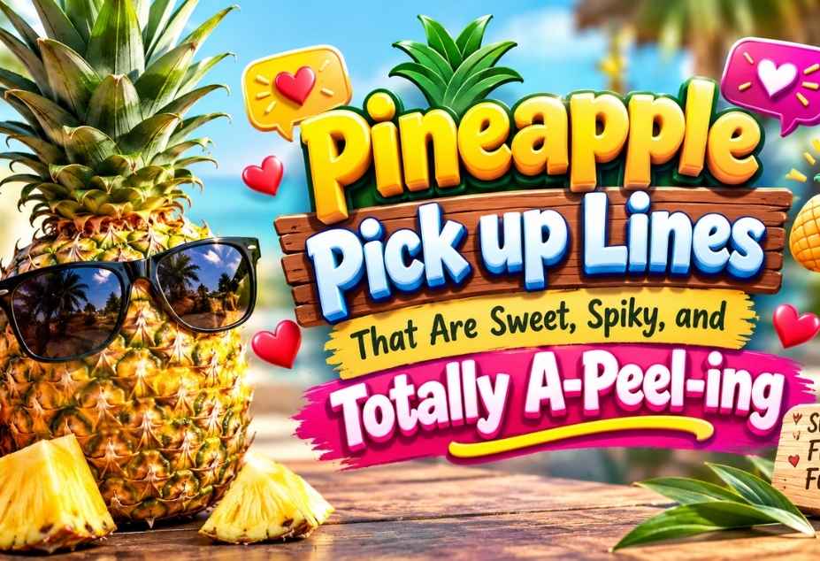 Pineapple Pickup Lines featuring a fresh tropical pineapple, pineapple slices, hearts, and colorful 3D text for sweet, spiky, and flirty pickup lines.