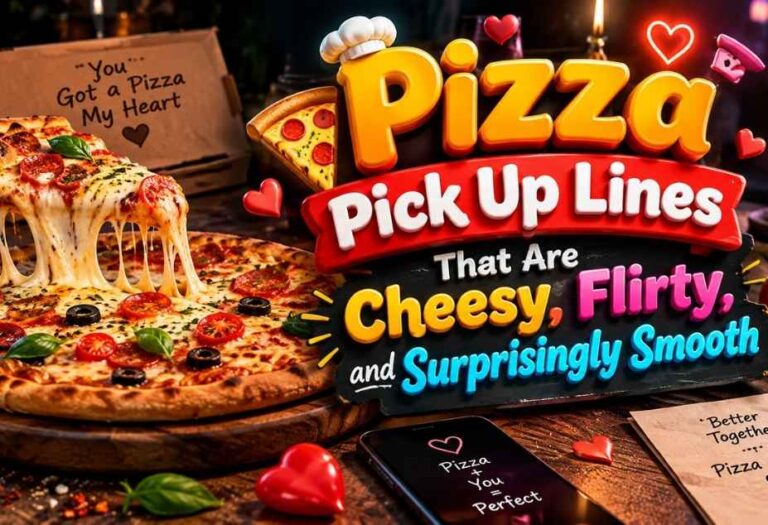 Pizza Pickup Lines featuring a cheesy pepperoni pizza, flirty 3D text, hearts, and romantic pizza-themed elements.