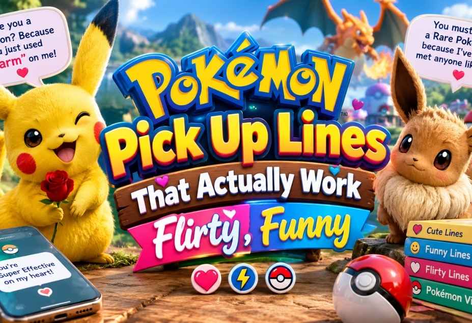 Pokemon Pickup Lines featuring Pikachu and Eevee with colorful 3D text, hearts, Poké Balls, and funny flirty romantic themes for playful conversations