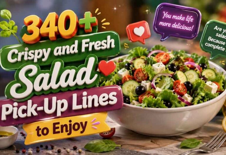 340+ Salad Pickup Lines featuring a crispy, fresh salad with colorful vegetables and playful 3D text.