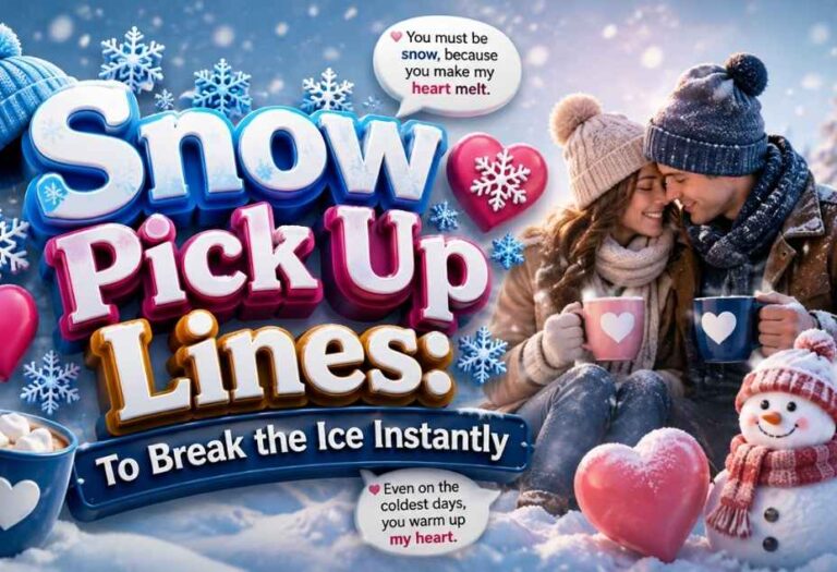 Snow Pickup Lines featuring romantic winter scenery, falling snow, hearts, snowflakes, and a cozy couple breaking the ice with cute and flirty pickup lines.
