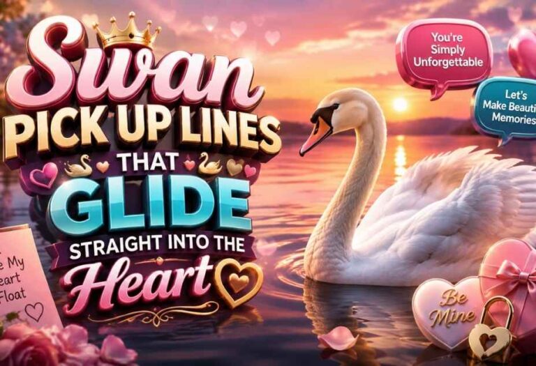 Swan Pickup Lines that glide straight into the heart with romantic swan, hearts, roses, and playful 3D love-themed text on a sunset lake