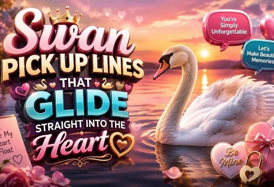 Swan Pickup Lines that glide straight into the heart with romantic swan, hearts, roses, and playful 3D love-themed text on a sunset lake
