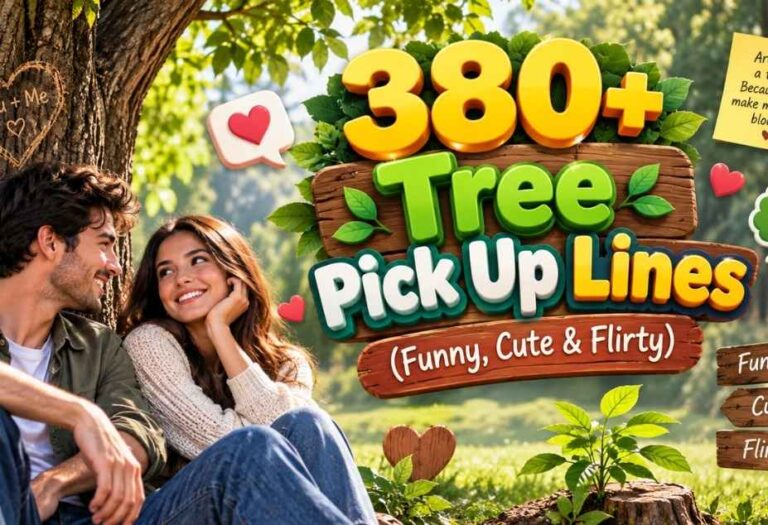 “Tree Pickup Lines – 380+ funny, cute, and flirty tree pickup lines with a romantic couple relaxing beside a beautiful tree.