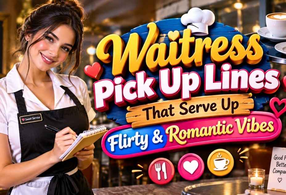Waitress Pickup Lines featuring a cute waitress in a restaurant with romantic hearts, food, coffee, and colorful 3D text.