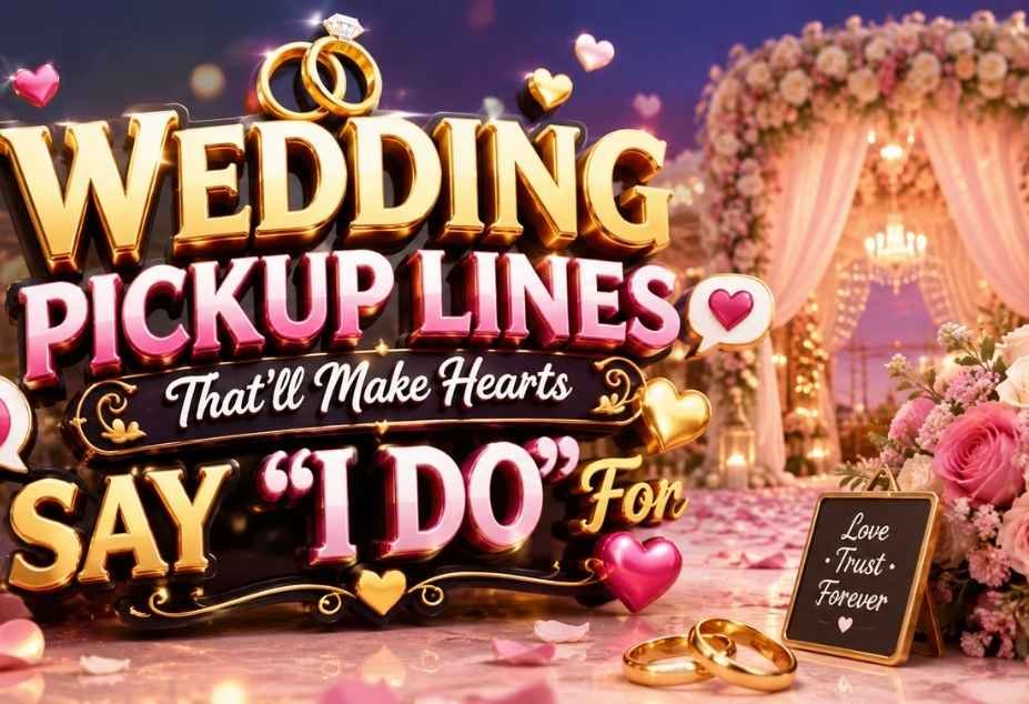 Wedding Pickup Lines – romantic wedding-themed design with wedding rings, hearts, flowers, and elegant 3D text saying “I Do.