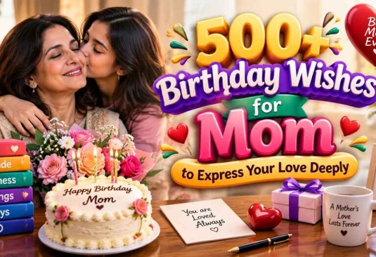 Birthday Wishes for Mom with a loving mother, flowers, cake, and colorful 3D birthday decorations.
