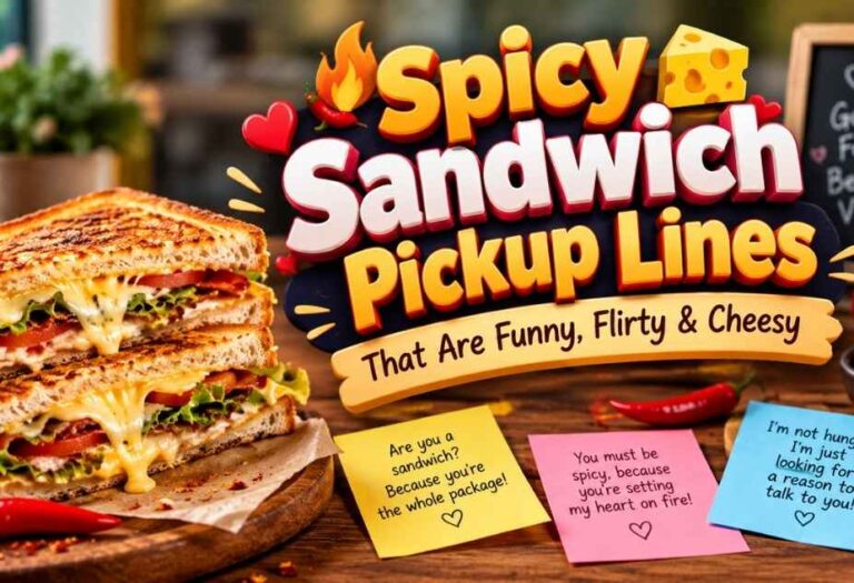 “Spicy Sandwich Pickup Lines featuring a cheesy sandwich, chili peppers, hearts, and colorful 3D text”