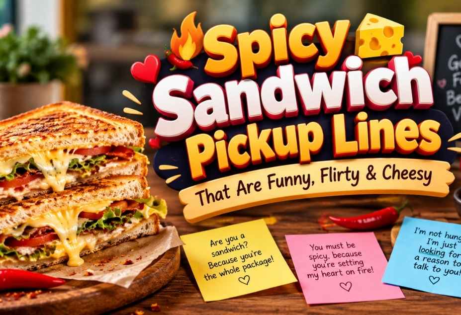 “Spicy Sandwich Pickup Lines featuring a cheesy sandwich, chili peppers, hearts, and colorful 3D text”